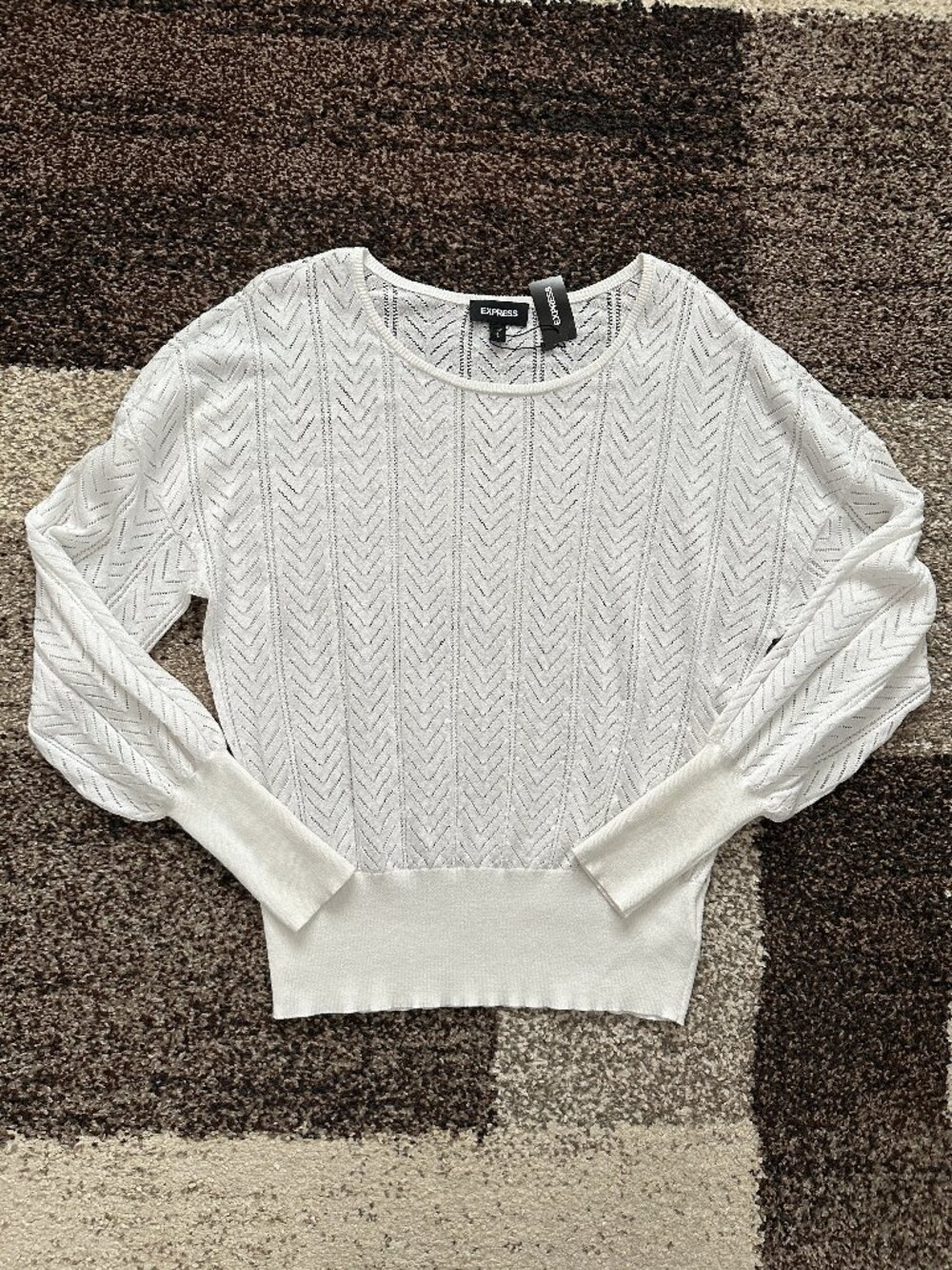 EXPRESS (L) White Chevron Pointelle Balloon Sleeve Sweater Knit Long Sleeve